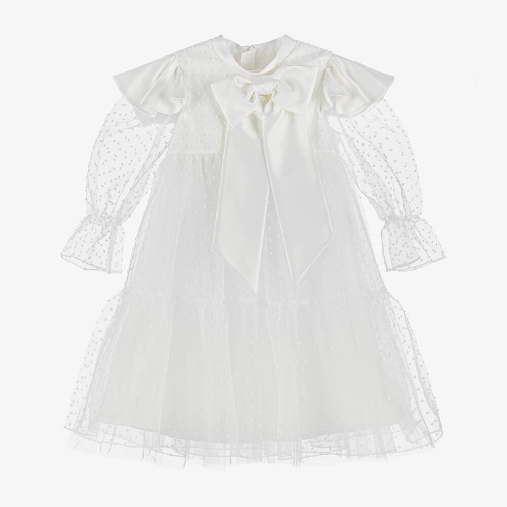Childrensalon Occasions-فستان أبيض أنيق للبنات مع فيونكة | Childrensalon Outlet