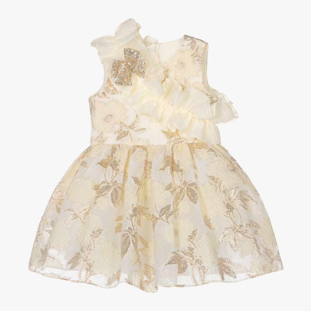 Childrensalon Occasions-Кремовое и золотое платье с цветочным узором для девочек | Childrensalon Outlet