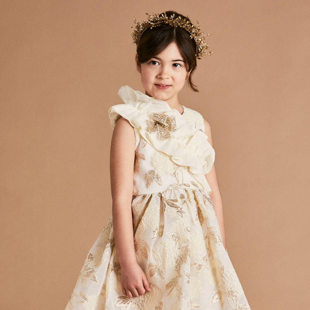 Childrensalon Occasions-فستان عاجي وذهبي مزين بالزهور للبنات | Childrensalon Outlet