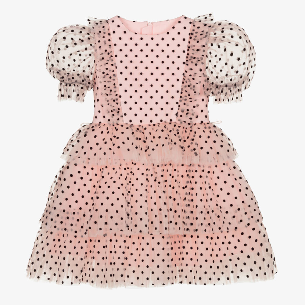 Childrensalon Occasions-فستان وردي بنقاط للبنات بأكمام مزينة بالكشكش | Childrensalon Outlet