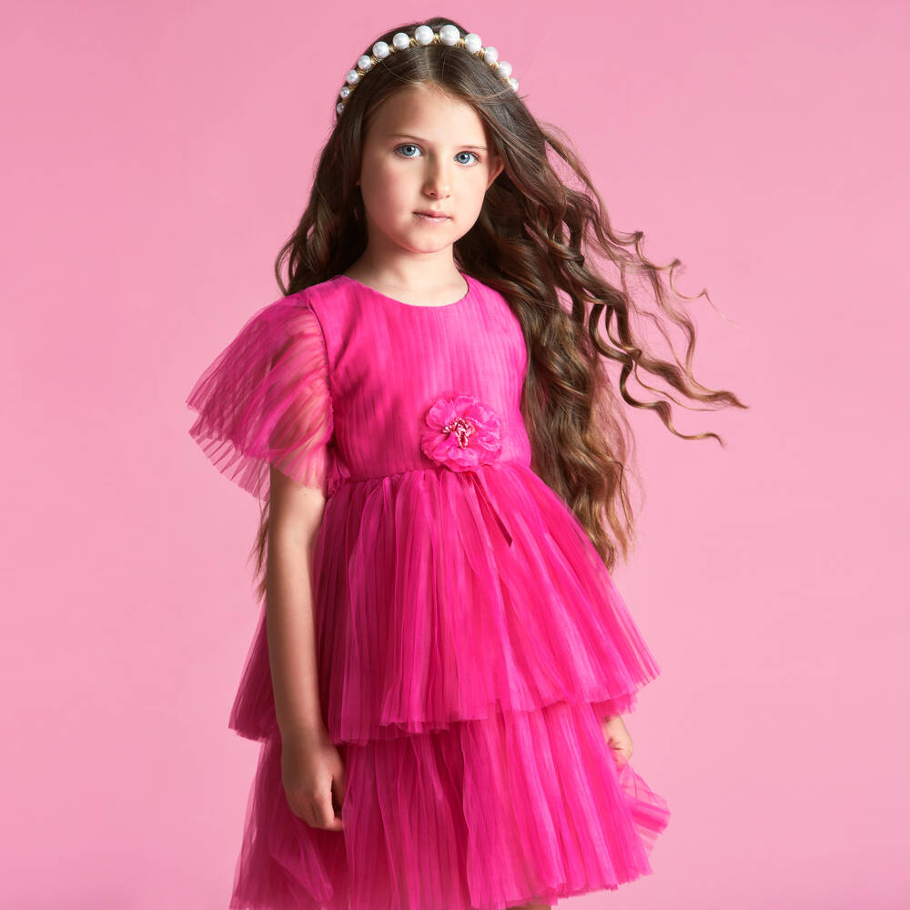 Childrensalon Occasions-Girls Fuchsia Pleat Tulle Gown | Childrensalon Outlet