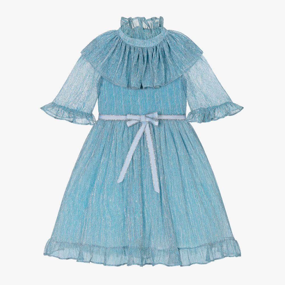 Childrensalon Occasions-فستان أزرق لامع مطوي للبنات | Childrensalon Outlet