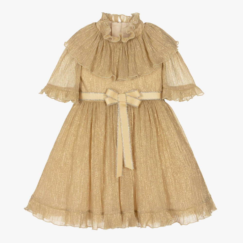 Childrensalon Occasions-فستان ذهبي لامع مطوي للبنات | Childrensalon Outlet