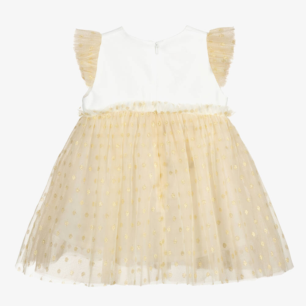 تشلدرن صالون-فستان أطفال بناتي ساتان وتول لون عاجي وذهبي برّاق | Childrensalon Outlet