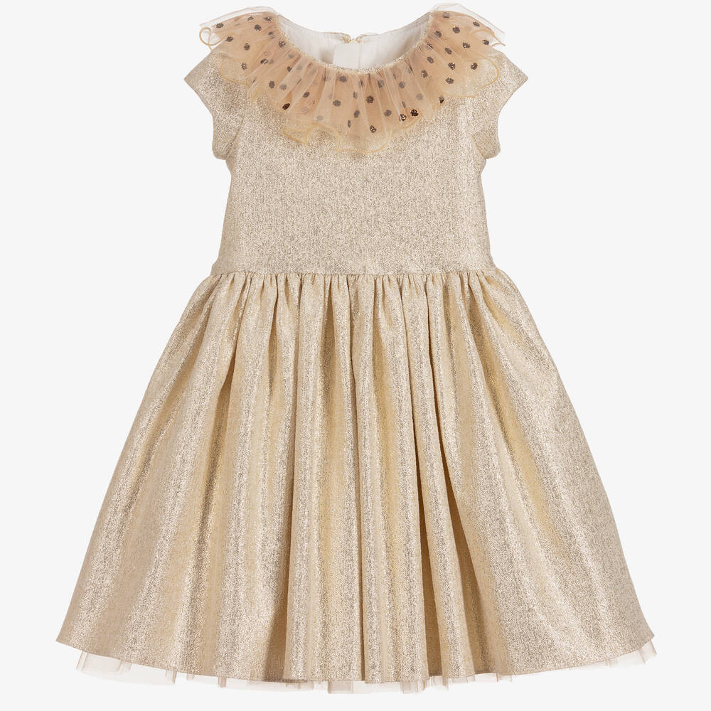 Childrensalon Occasions - Girls Gold Dress with Ruffled Tulle Collar | Childrensalon