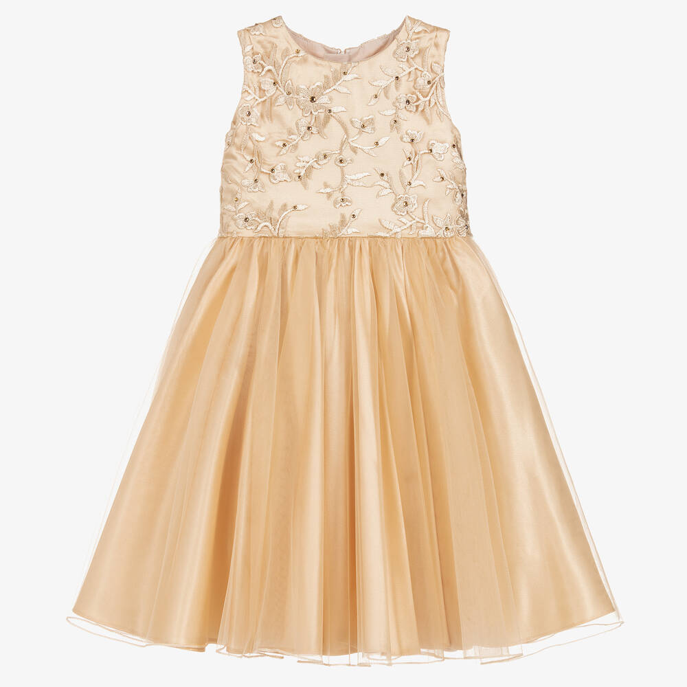 Childrensalon Occasions - Girls Gold Embroidered Tulle Dress | Childrensalon