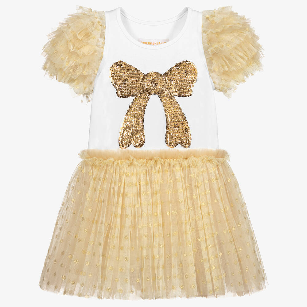 Childrensalon Occasions - Girls Gold Sequinned Bow & Tulle Dress | Childrensalon