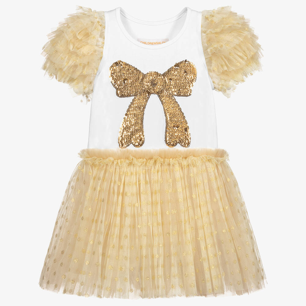 Childrensalon Occasions-فستان جيرسي وتول بتطريز ترتر لون ذهبي | Childrensalon Outlet