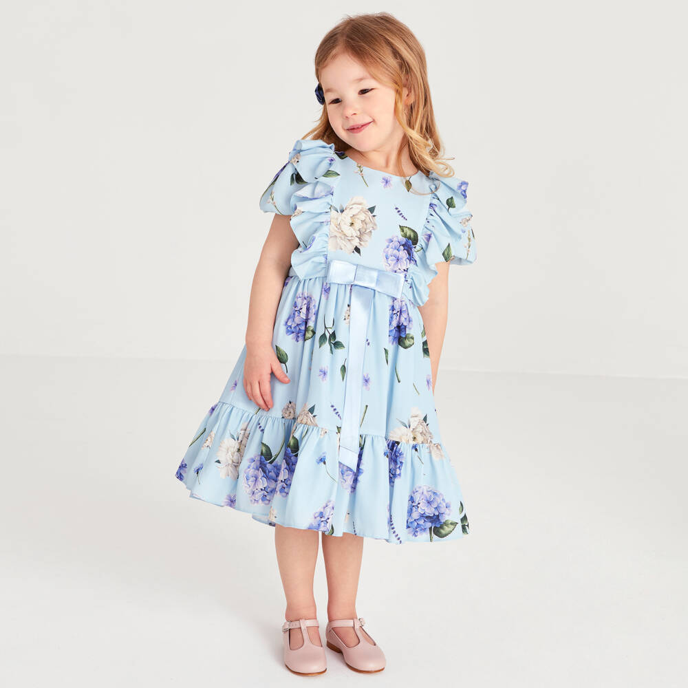 Childrensalon Occasions-Girls Hydrangea Blue Crêpe Frock | Childrensalon Outlet