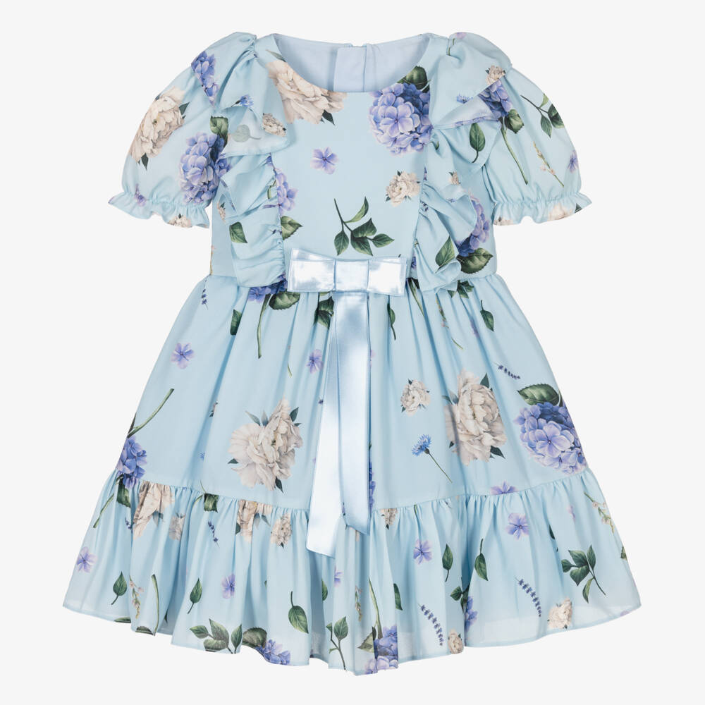 Childrensalon Occasions-فستان كريب أزرق بنقشة الهيدرانجيا للبنات | Childrensalon Outlet