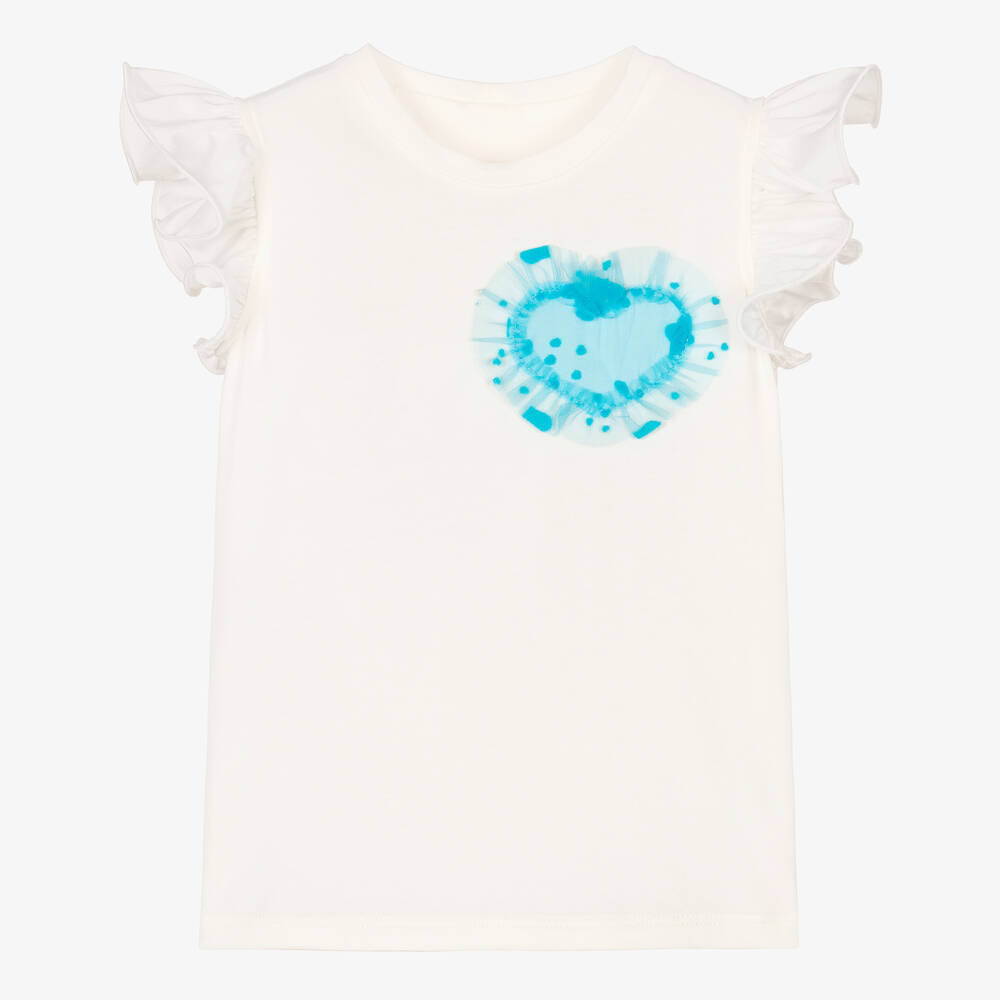 Childrensalon Occasions - Haut ivoire et bleu en coton à coeur fille | Childrensalon