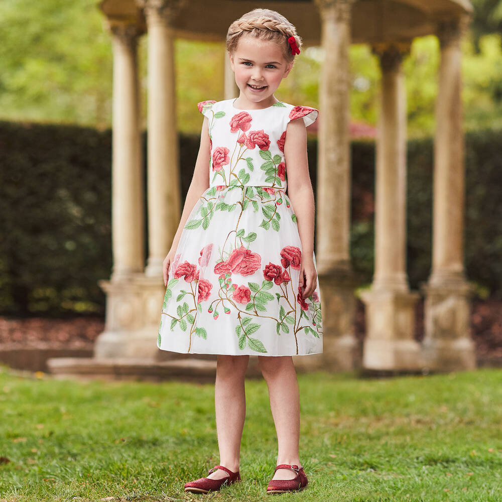 تشلدرن صالون-فستان تول لون عاجي مطرز بطبعة ورود | Childrensalon Outlet