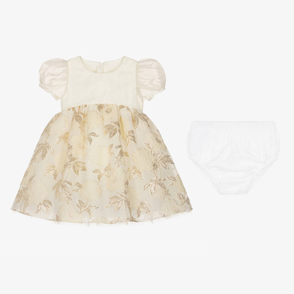 Childrensalon Occasions-فستان أورجانزا عاجي مزين بالورود للبنات | Childrensalon Outlet