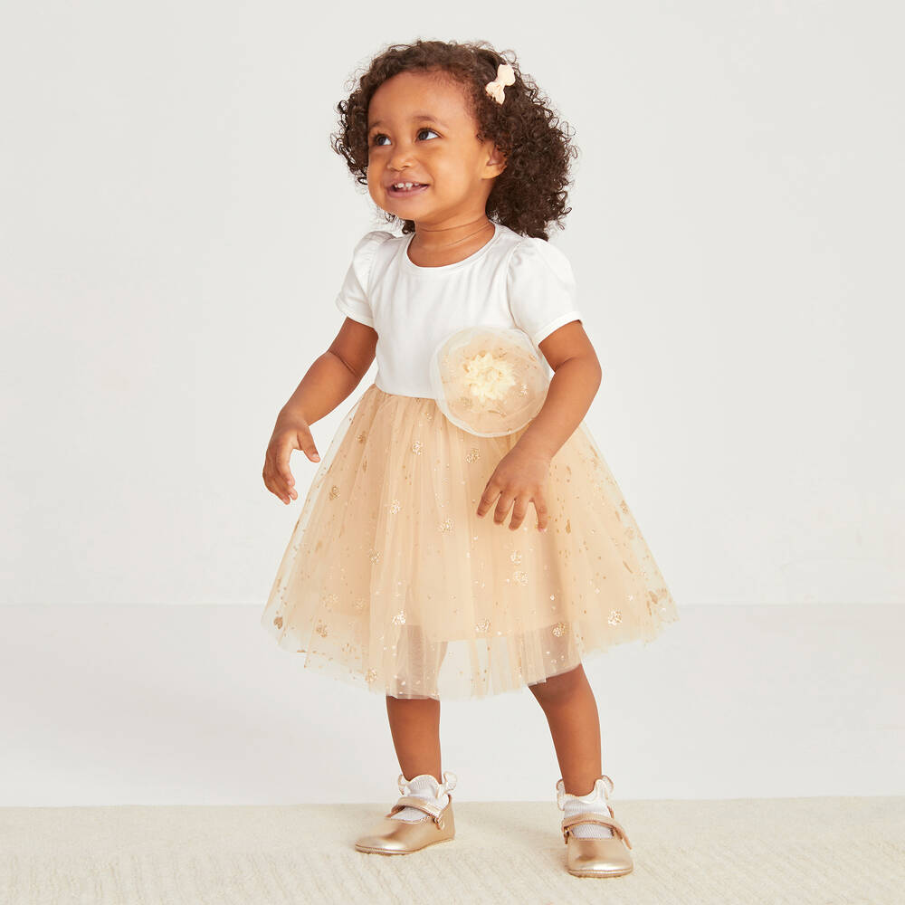 Childrensalon Occasions-Girls Ivory & Gold Heart Tulle Dress | Childrensalon Outlet