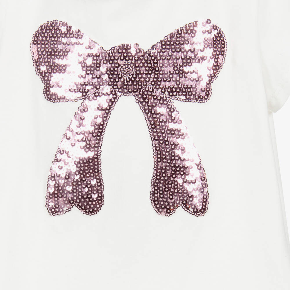 Childrensalon Occasions-Girls Ivory & Pink Sequin Bow T-Shirt | Childrensalon Outlet