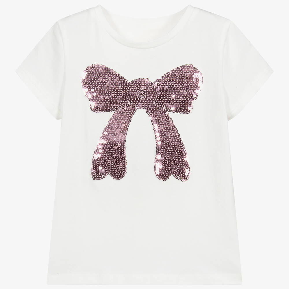 Childrensalon Occasions - Girls Ivory & Pink Sequin Bow T-Shirt | Childrensalon