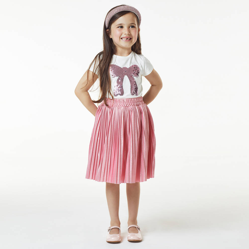 Childrensalon Occasions-Girls Ivory & Pink Sequin Bow T-Shirt | Childrensalon Outlet