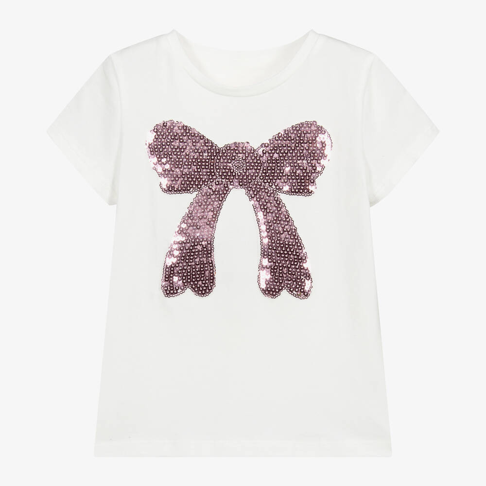 Childrensalon Occasions-Girls Ivory & Pink Sequin Bow T-Shirt | Childrensalon Outlet