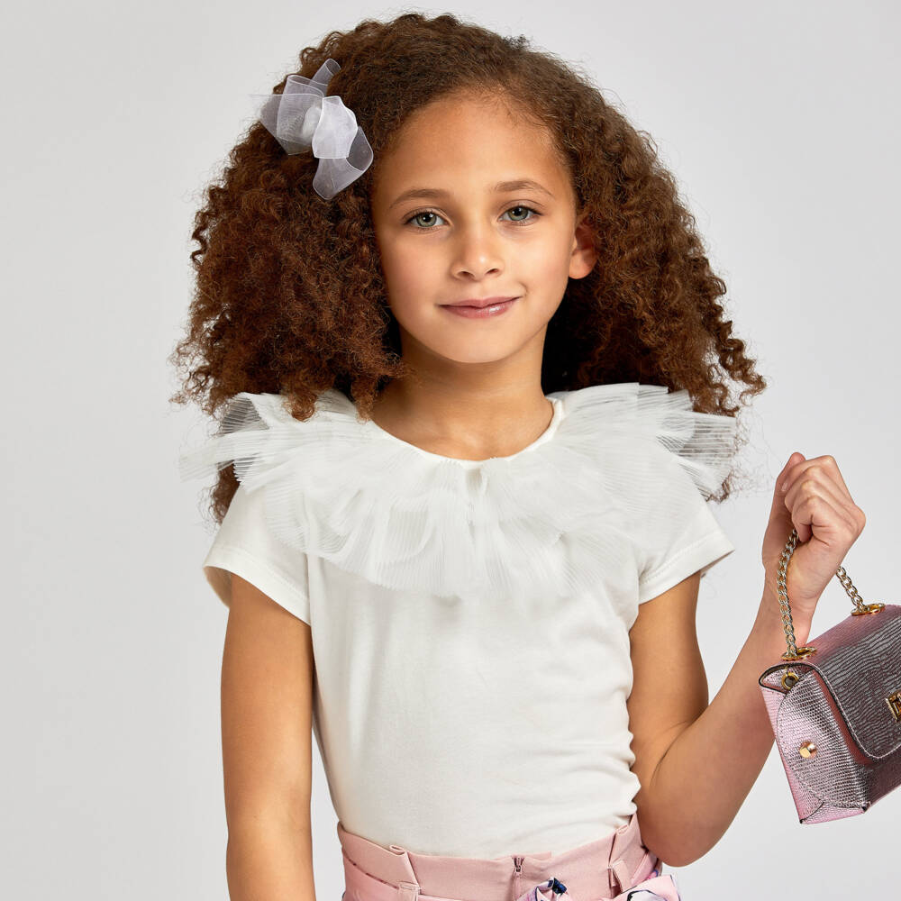 Childrensalon Occasions-بلوزة عاجية للبنات برقبة مكشكشة | Childrensalon Outlet