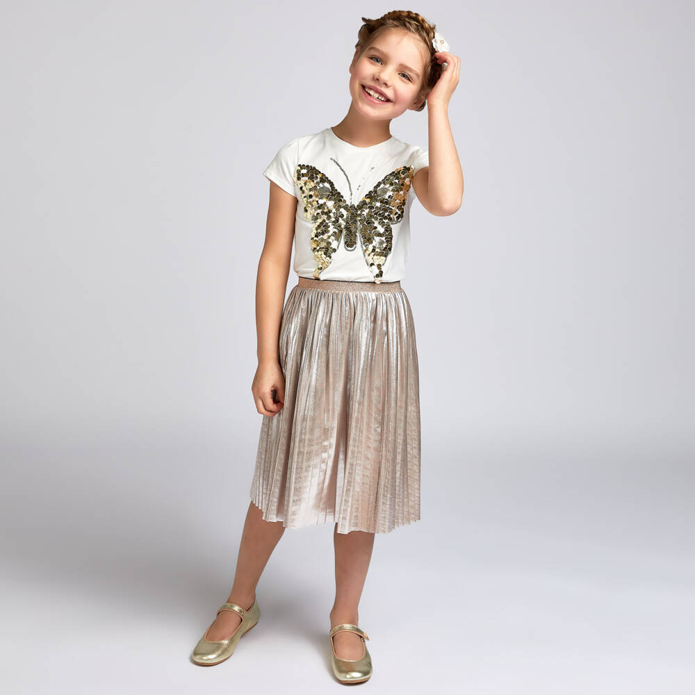 تشلدرن صالون-تيشيرت قطن جيرسي لون أبيض مزين بترتر للبنات | Childrensalon Outlet