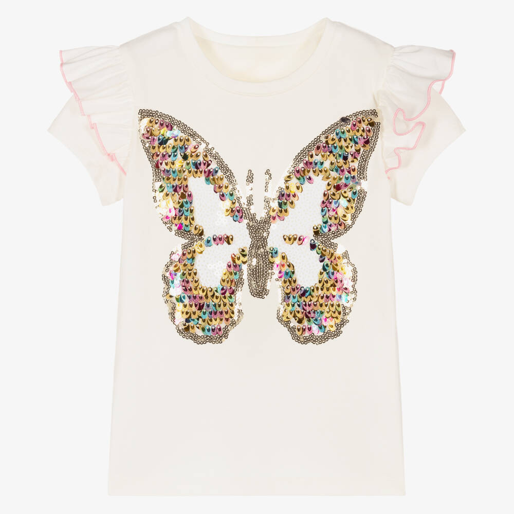 Childrensalon Occasions-تيشيرت عاجي مزين بفراشات لامعة للبنات | Childrensalon Outlet