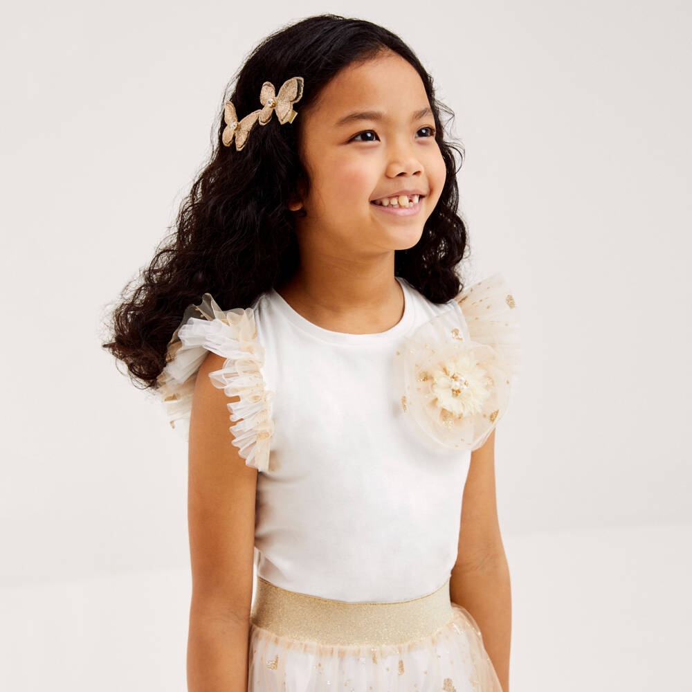 Childrensalon Occasions-Girls Ivory Top with Gold Tulle Accents | Childrensalon Outlet