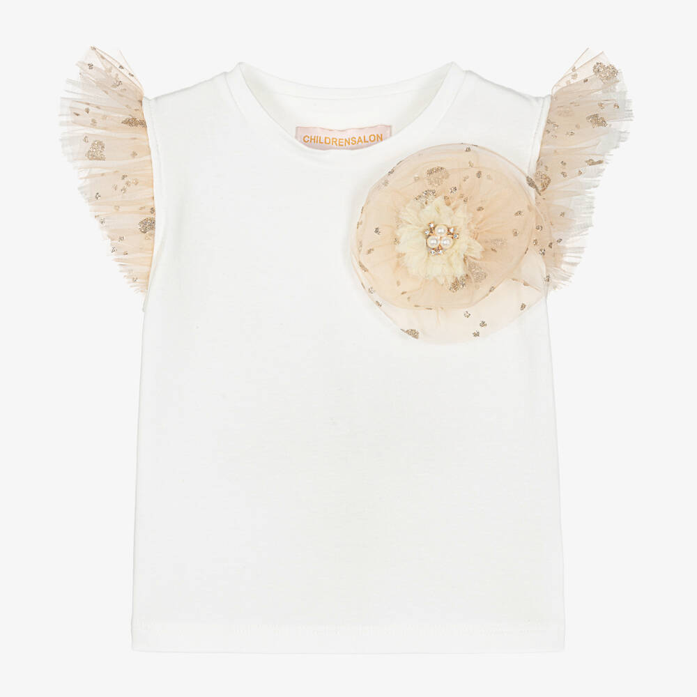 Childrensalon Occasions-بلوزة عاجية للبنات بتفاصيل تول ذهبي | Childrensalon Outlet