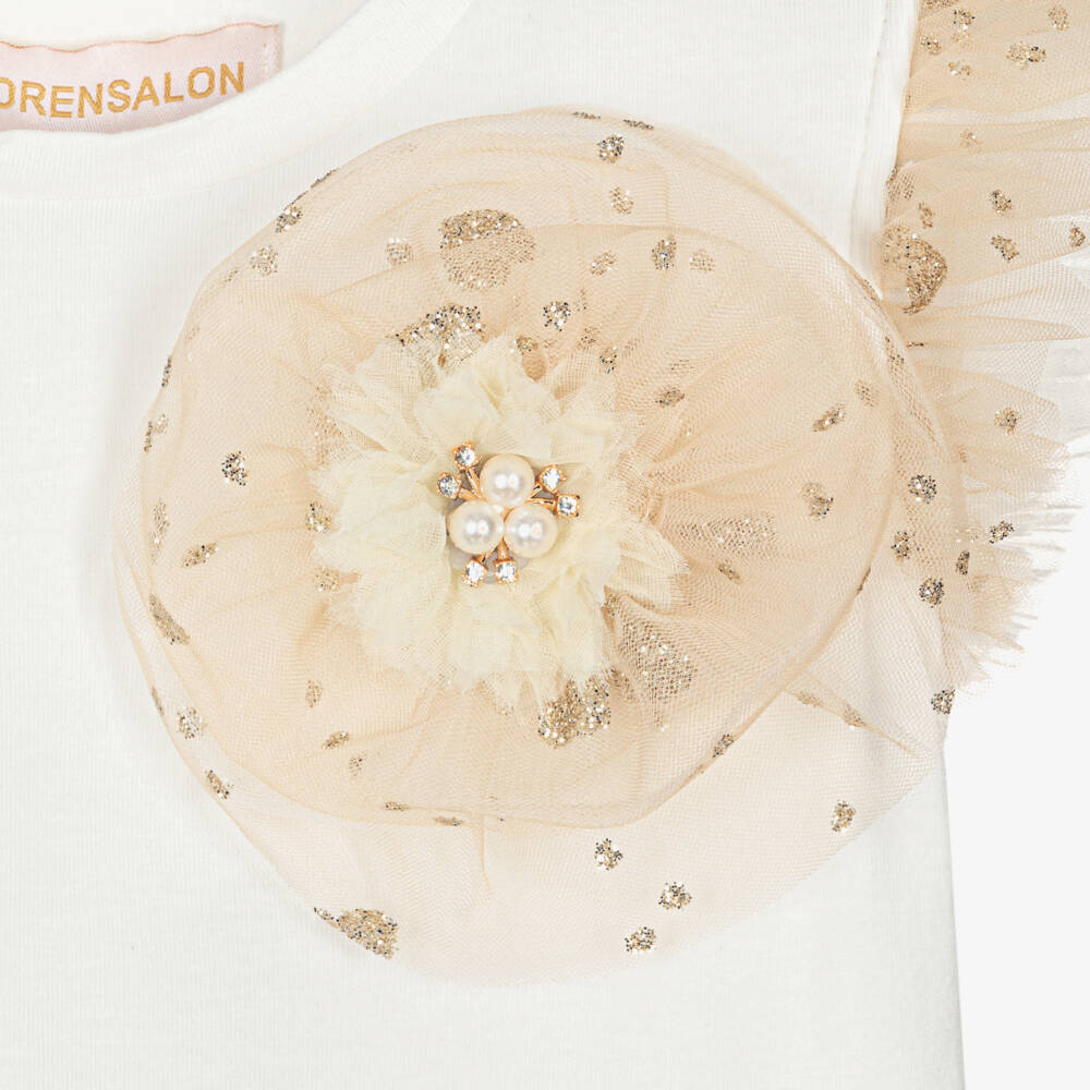 Childrensalon Occasions-Girls Ivory Top with Gold Tulle Accents | Childrensalon Outlet