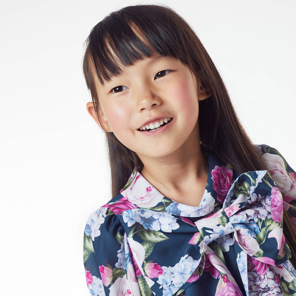 Childrensalon Occasions-Girls Navy Blue Floral Crêpe Bow Dress | Childrensalon Outlet