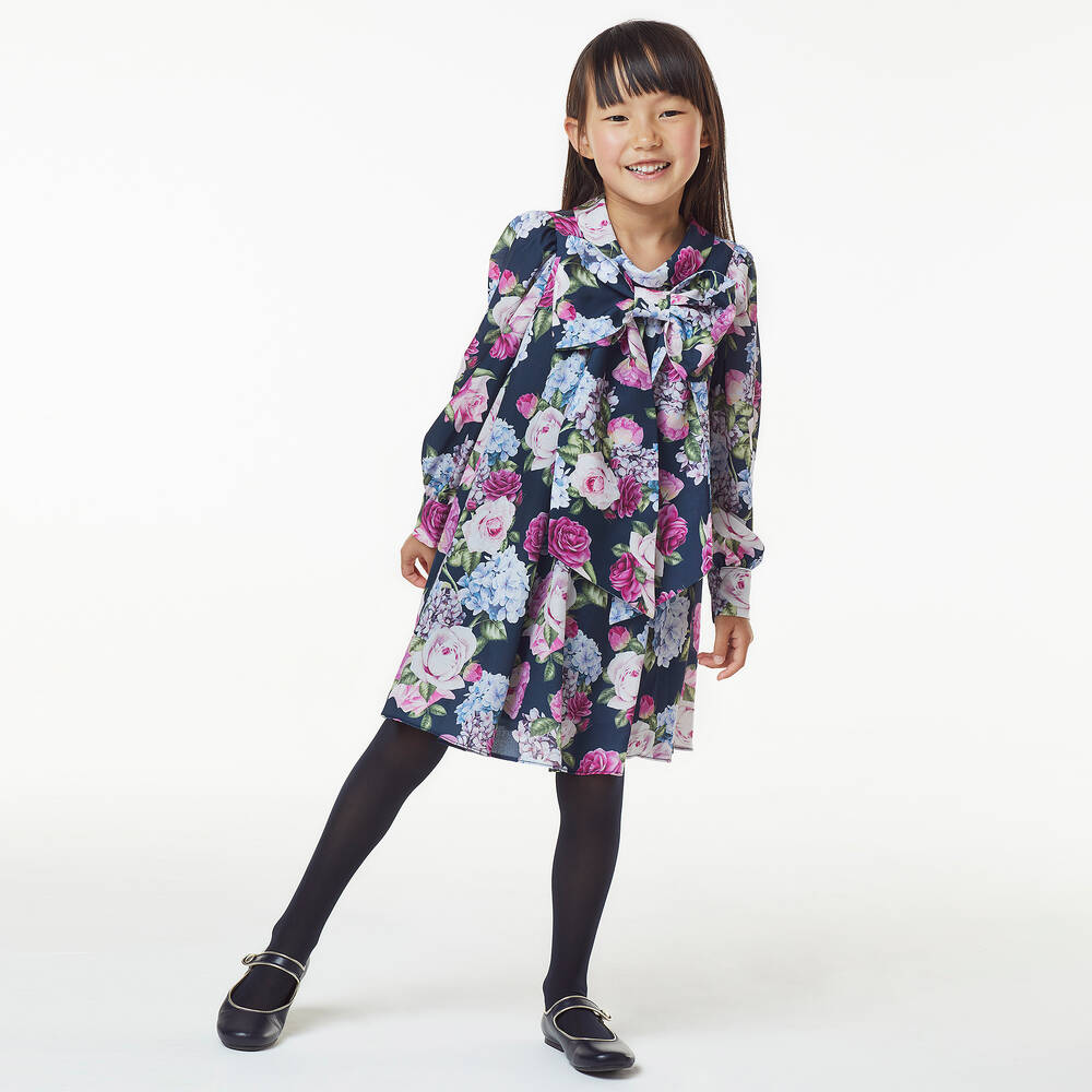 Childrensalon Occasions-Girls Navy Blue Floral Crêpe Bow Dress | Childrensalon Outlet