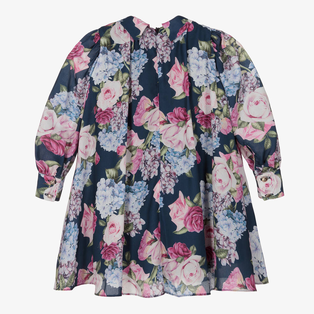 Childrensalon Occasions-Girls Navy Blue Floral Crêpe Bow Dress | Childrensalon Outlet