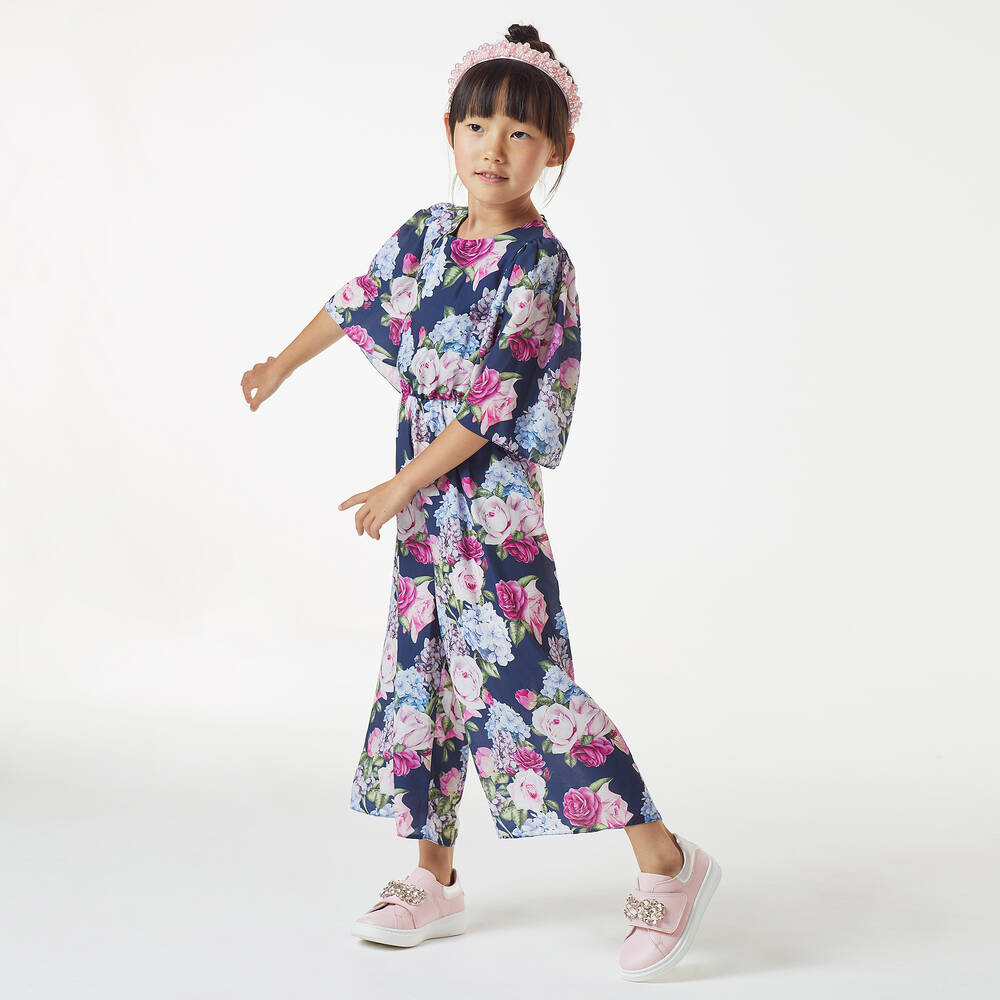 Childrensalon Occasions-Синий комбинезон с цветами для девочек | Childrensalon Outlet