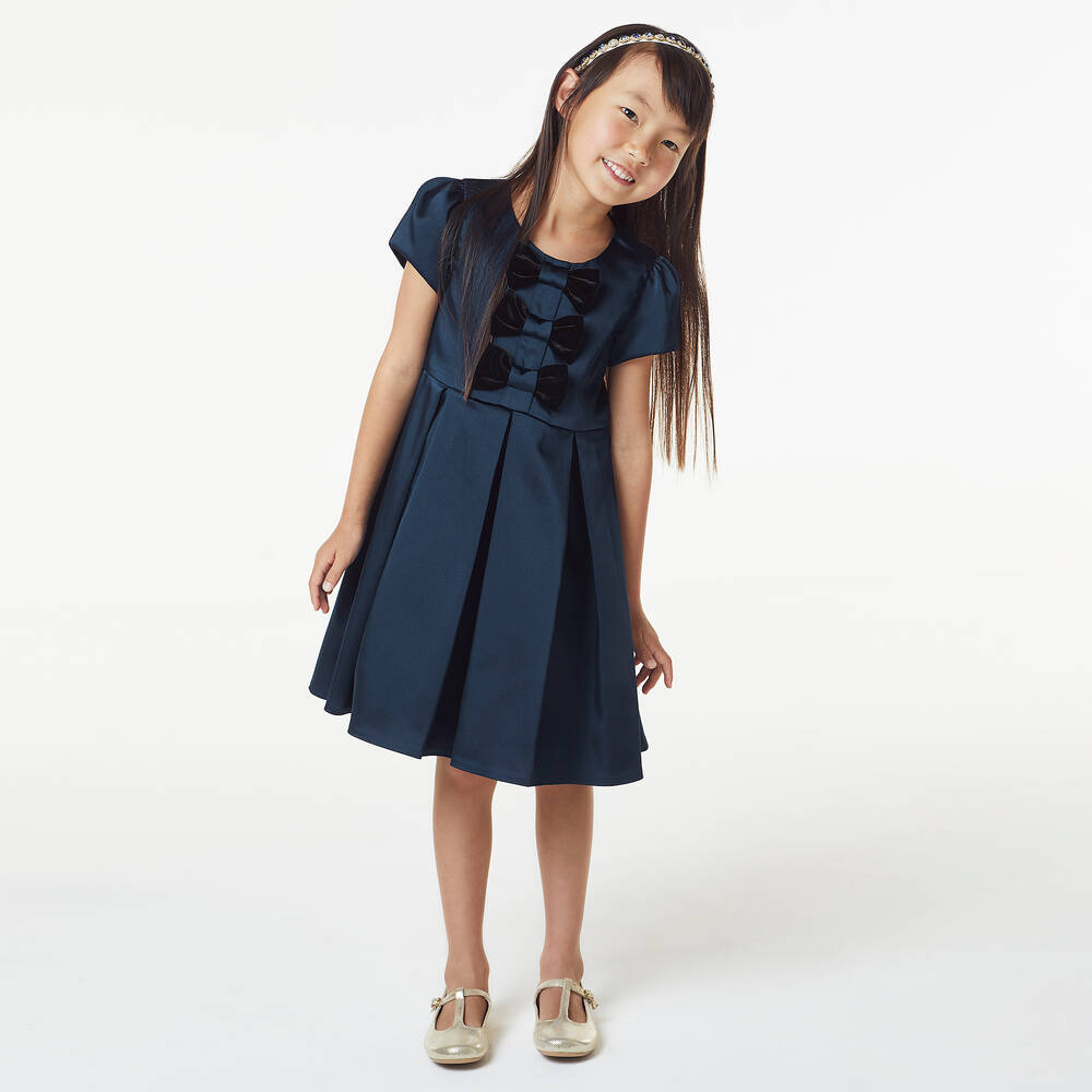 Childrensalon Occasions-Girls Navy Blue Satin Bow Dress | Childrensalon Outlet