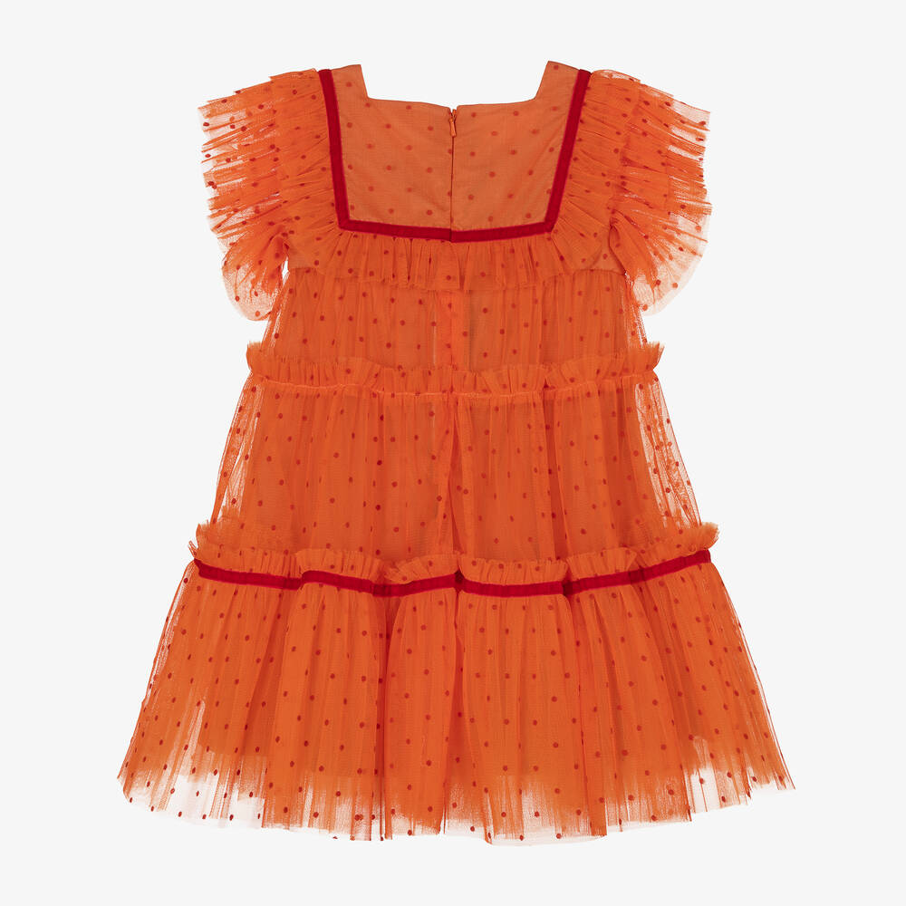 Childrensalon Occasions-Оранжевое платье в горошек из тюля | Childrensalon Outlet