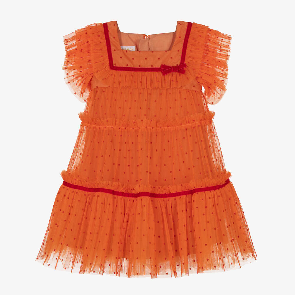 Childrensalon Occasions-Girls Orange Polka Dot Tulle Dress | Childrensalon Outlet