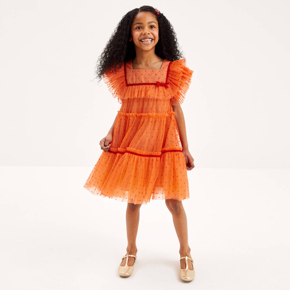 Childrensalon Occasions Girls Orange Polka Dot Tulle Dress Childrensalon Outlet