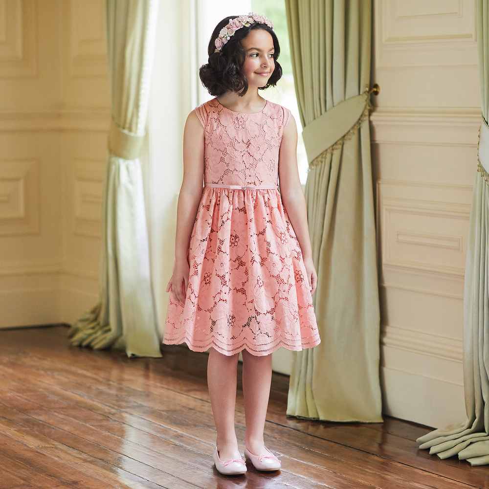 Childrensalon Occasions Girls Pink Cotton Lace Dress