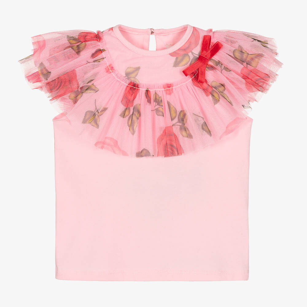 Childrensalon Occasions - Girls Pink Cotton Rose Tulle T-Shirt | Childrensalon
