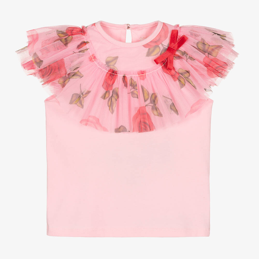 Childrensalon Occasions - Rosa Baumwoll-T-Shirt mit Rosentüll | Childrensalon