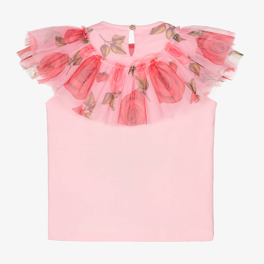Childrensalon Occasions-Розовая хлопковая футболка с розами из тюля | Childrensalon Outlet