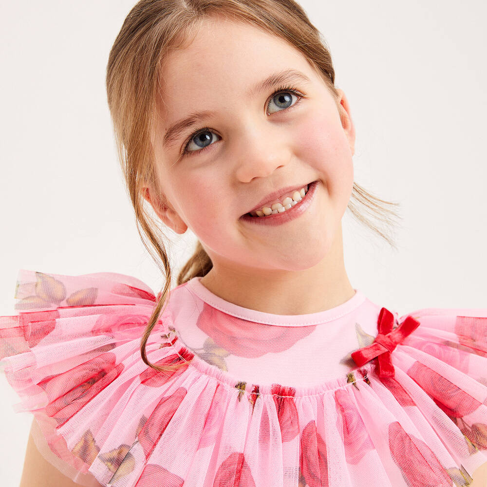 Childrensalon Occasions-Розовая хлопковая футболка с розами из тюля | Childrensalon Outlet