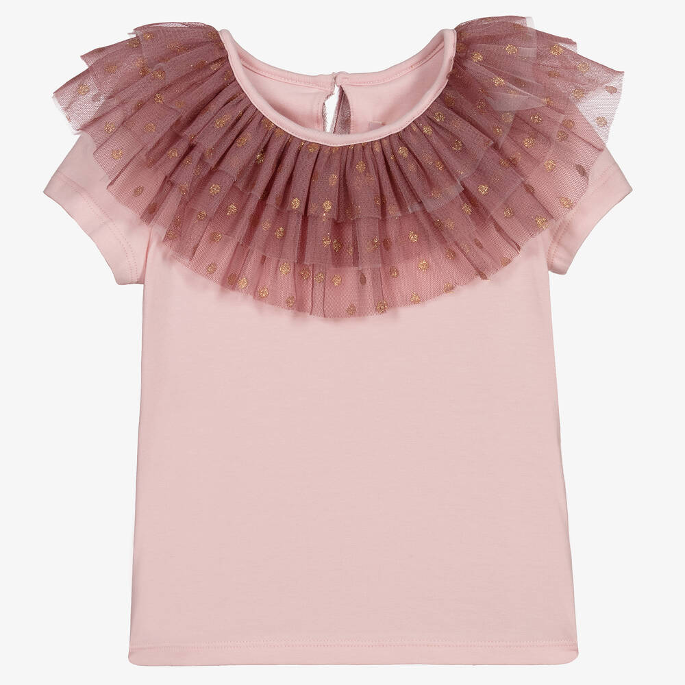 Childrensalon Occasions - Розовая футболка с воротником из хлопка и тюля | Childrensalon