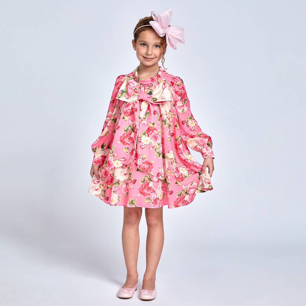 تشلدرن صالون-فستان بطبعة ورود كريب لون زهري | Childrensalon Outlet