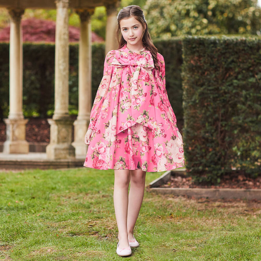 تشلدرن صالون-فستان بطبعة ورود كريب لون زهري | Childrensalon Outlet