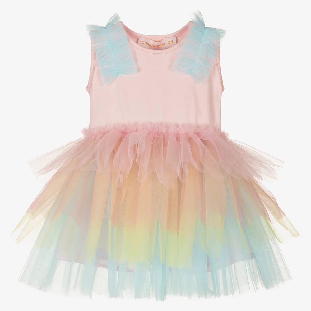 Childrensalon Occasions - Girls Pink Rainbow Tulle Dress | Childrensalon
