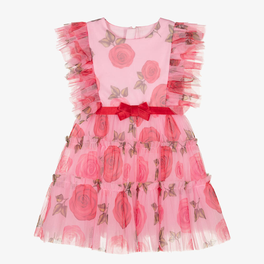 Childrensalon Occasions - Rosa Rosen-Tüllkleid für Mädchen | Childrensalon