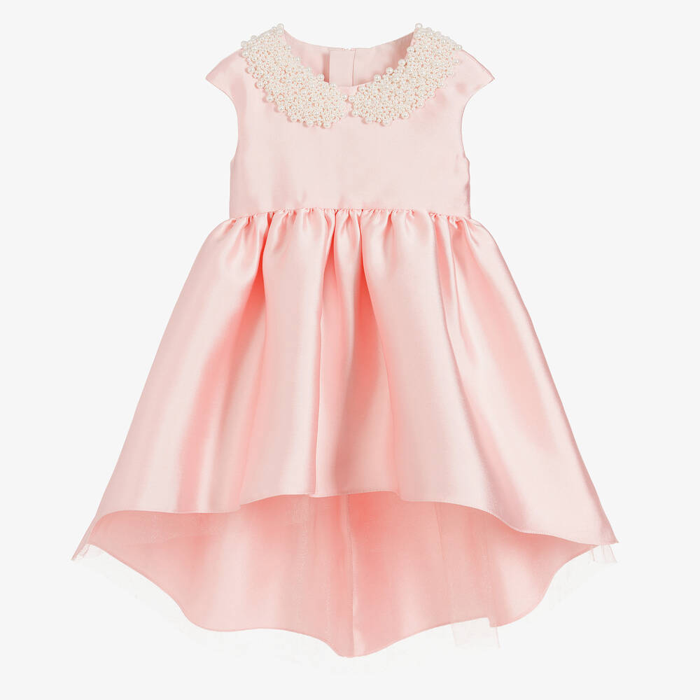 Childrensalon Occasions - Girls Pink Satin & Pearl Collar Dress | Childrensalon