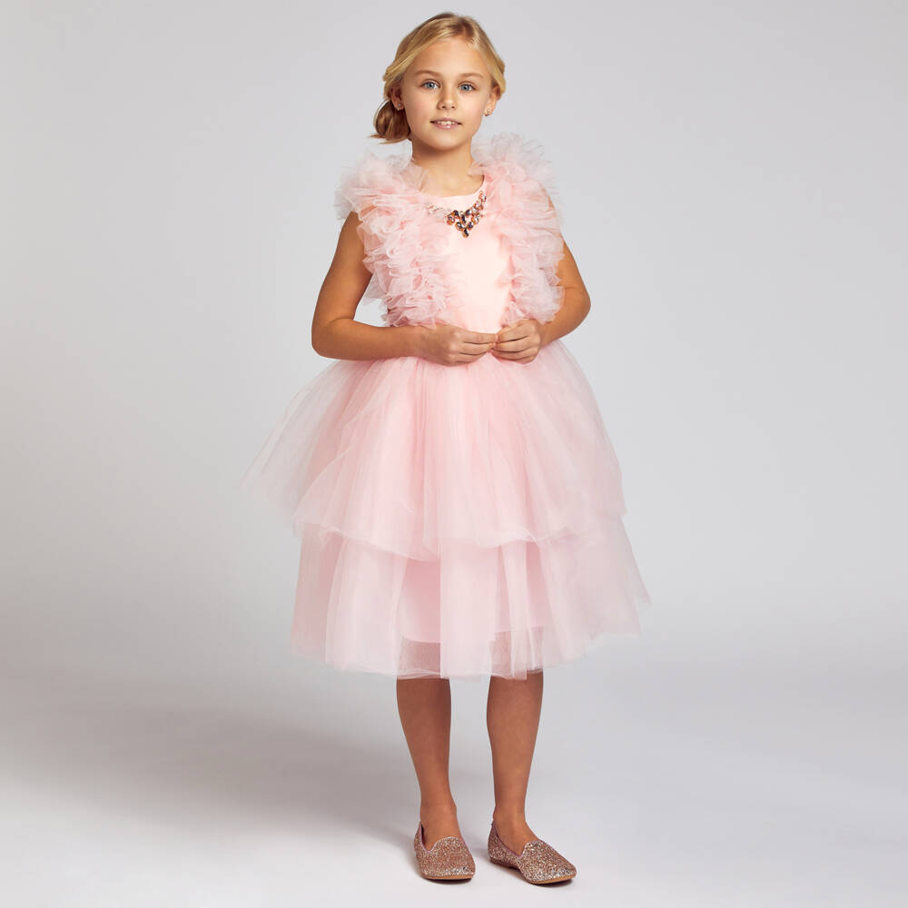 Childrensalon Occasions-فستان تول وساتان لون زهري | Childrensalon Outlet