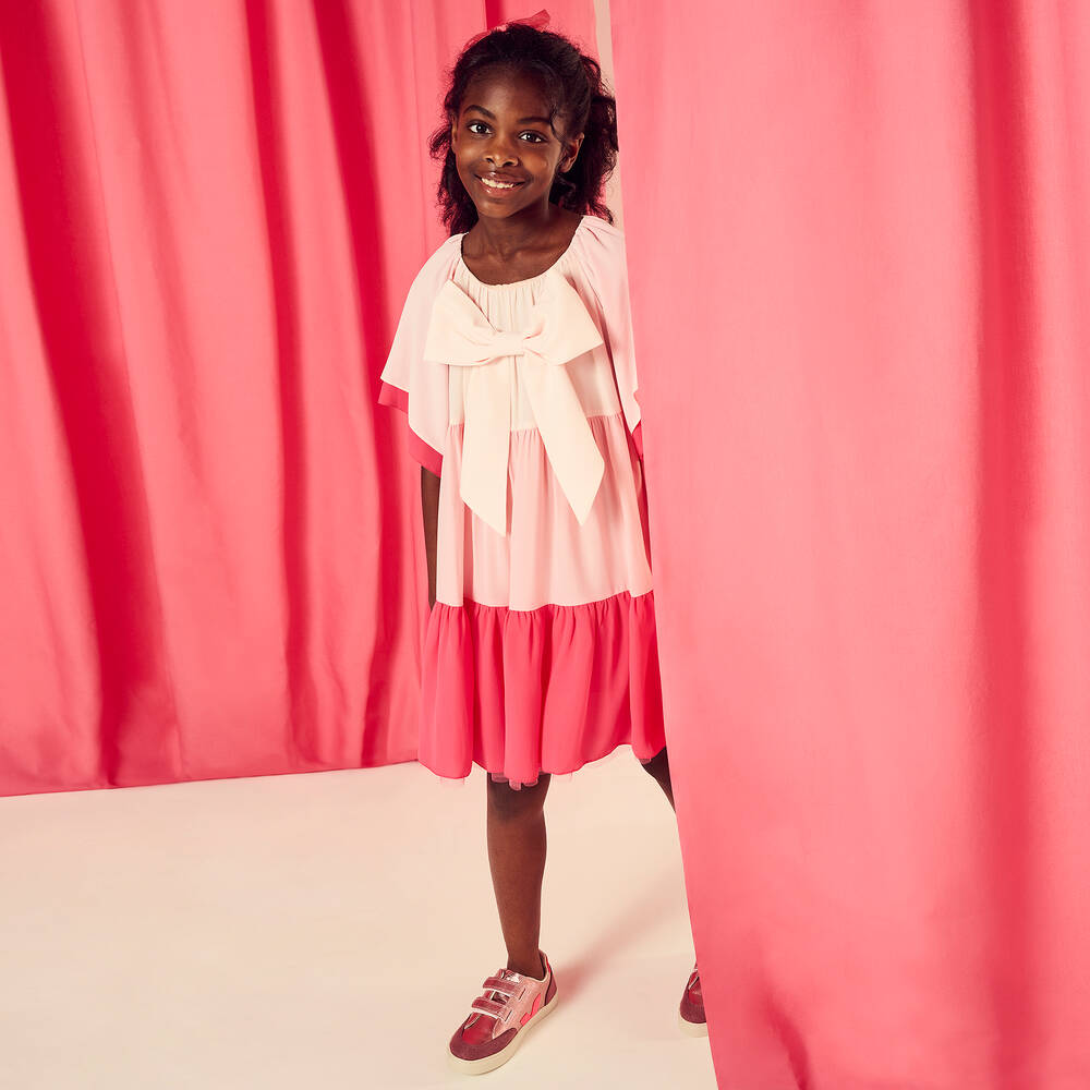 Childrensalon Occasions-فستان كريب بطبقات لون زهري | Childrensalon Outlet