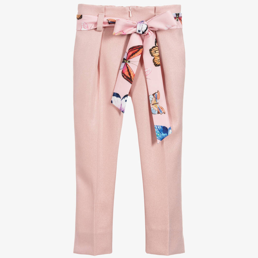 Childrensalon Occasions-Girls Pink Viscose Trousers & Butterfly Belt | Childrensalon Outlet